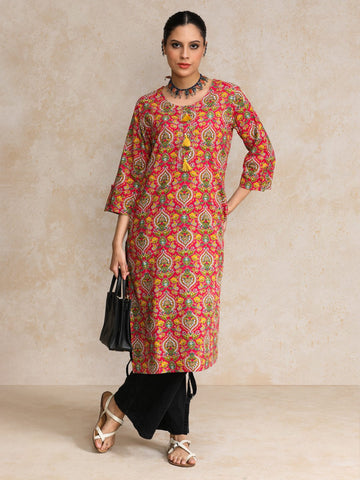 Varanga Women Pink And Yellow Floral Printed Straight Kurta