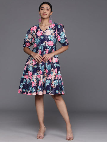 KSUT navy blue floral print puff sleeves tiered a line dress