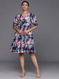 KSUT navy blue floral print puff sleeves tiered a line dress