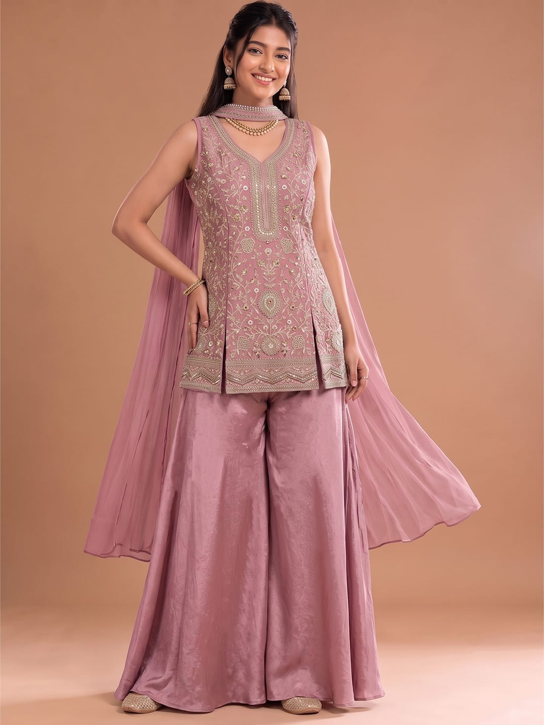 Pink Embroidered Kurta Set Featuring Zari And Sequin Work With A Matching Flared Palazzo And Embellished Dupatta