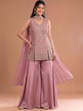 Pink Embroidered Kurta Set Featuring Zari And Sequin Work With A Matching Flared Palazzo And Embellished Dupatta