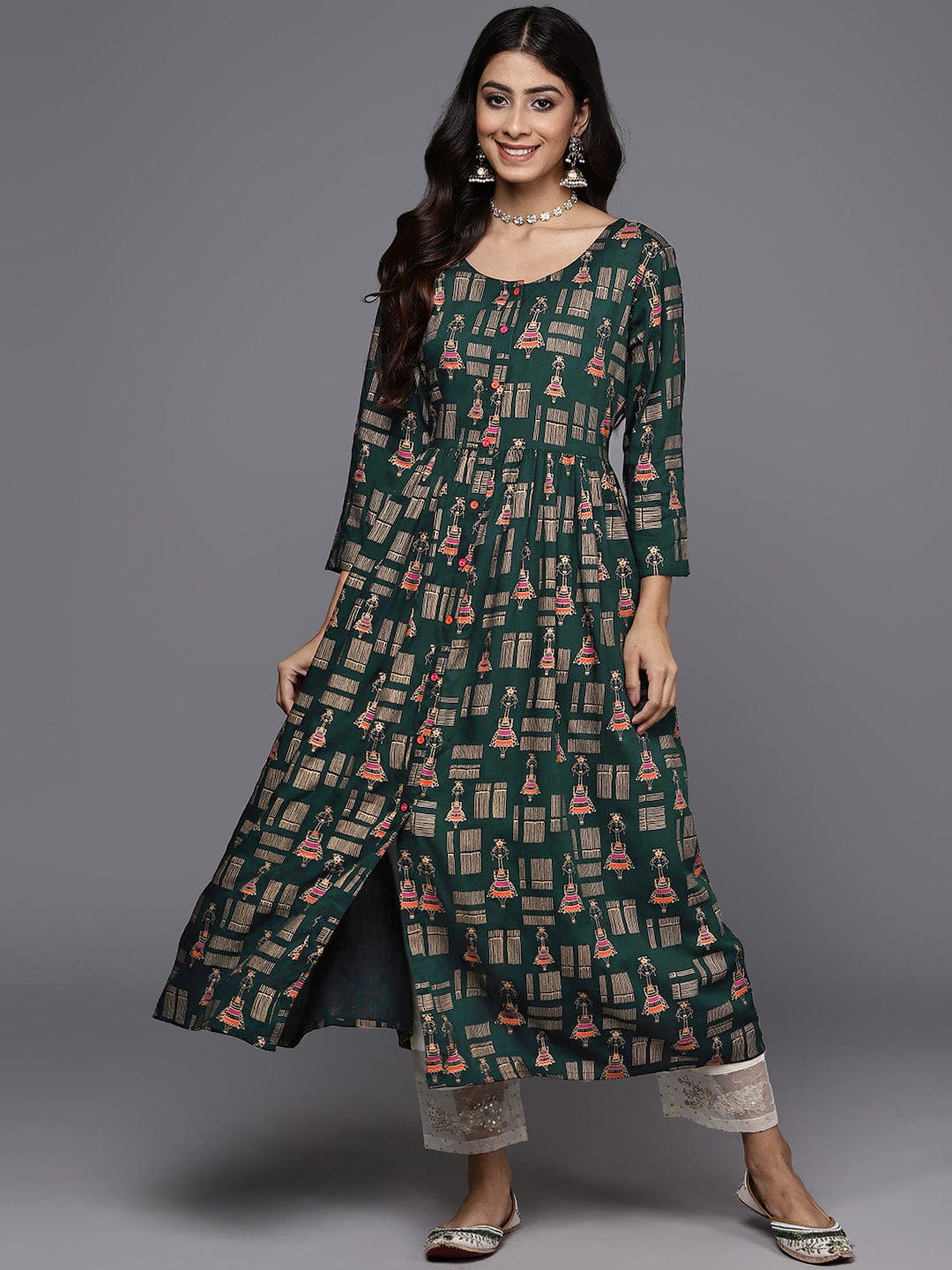 Varanga Navy Green And Gold Toned Abstract Printed Round Neck Kurta