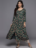 Varanga Navy Green And Gold Toned Abstract Printed Round Neck Kurta