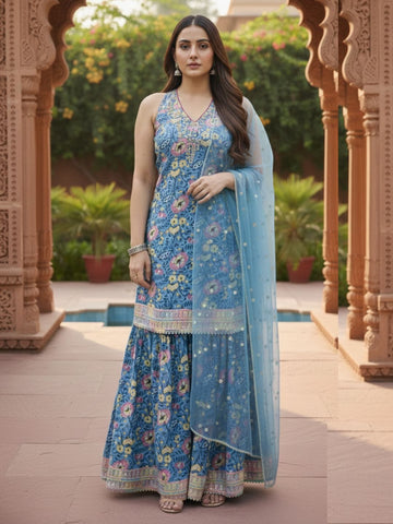 Varanga Women Floral Printed Regular Gotta Patti Kurta with Sharara & With Dupatta