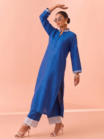 Indigo Blue Embroidered V-Neck Kurta With Polka Dot Detailed Trousers Set