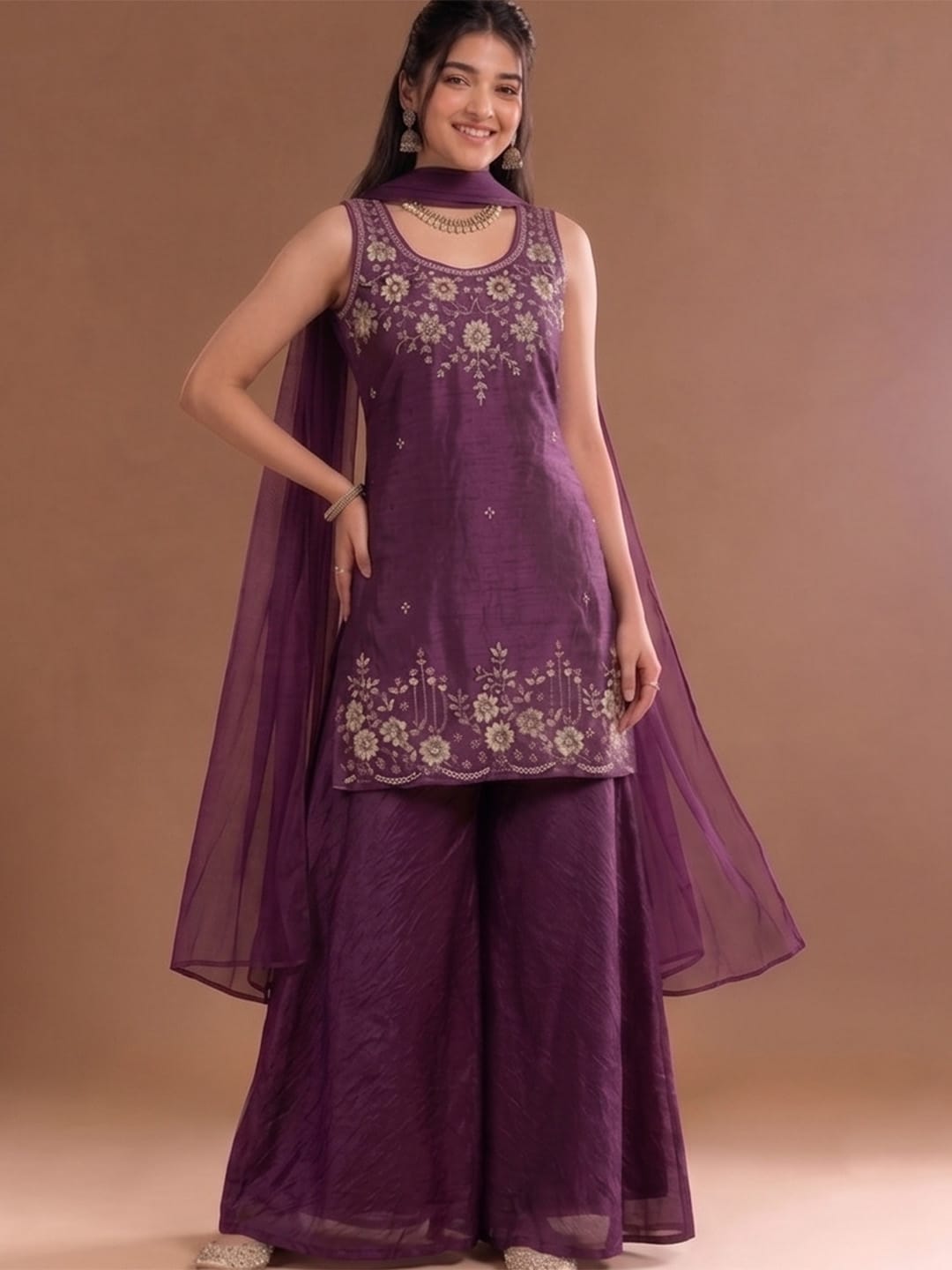 Round Neck Embroidered Kurta Set Featuring Zari And Sequin Work With Flared Palazzo And Embellished Dupatta