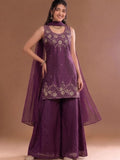 Round Neck Embroidered Kurta Set Featuring Zari And Sequin Work With Flared Palazzo And Embellished Dupatta