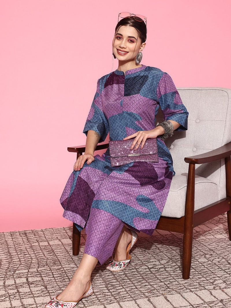 KSUT Purple Abstract Printed Mandarin Collar Kurta with Palazzos