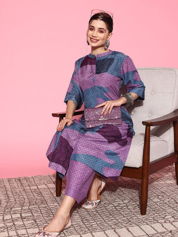 KSUT Purple Abstract Printed Mandarin Collar Kurta with Palazzos