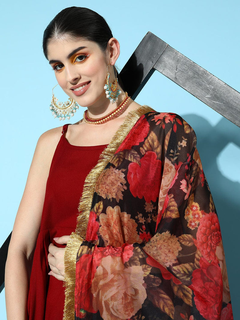 varanga maroon women empire kurta with palazzos with dupatta