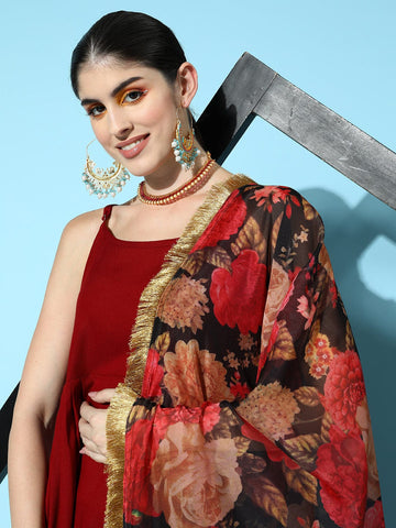 varanga maroon women empire kurta with palazzos with dupatta