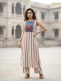 Sleeveless Striped Kurta Set with Printed Yoke and Matching Trousers