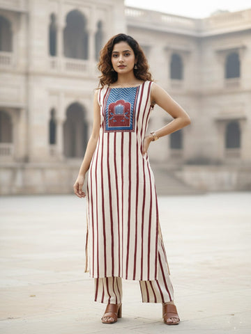Sleeveless Striped Kurta Set with Printed Yoke and Matching Trousers
