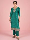 Teal Kurta Set Featuring Beadwork Detailing, Embroidered Hem Trousers, And A Hand-Embroidered Dupatta For A Timeless Ethnic Look.