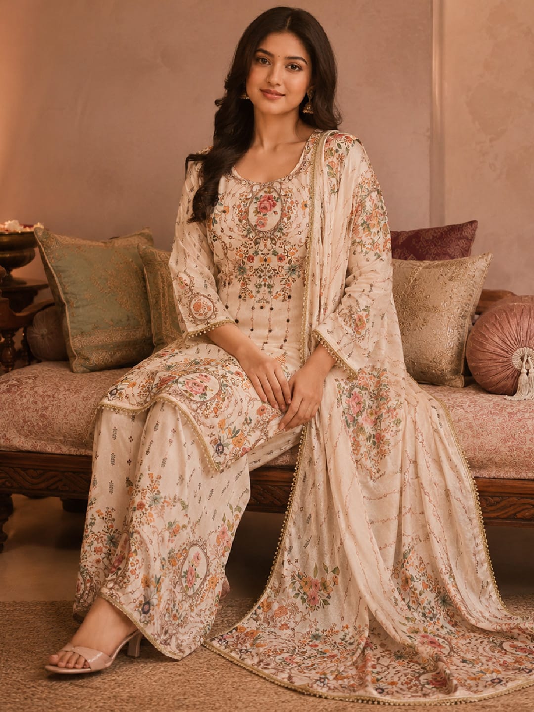 Ethnic Printed Kurta Set With Matching Palazzo And Dupatta