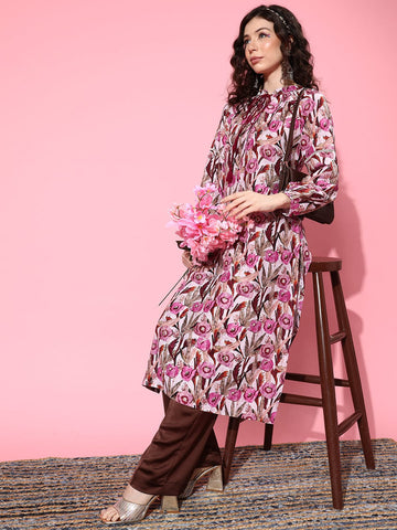 varanga women pink floral printed puff sleeves kurta