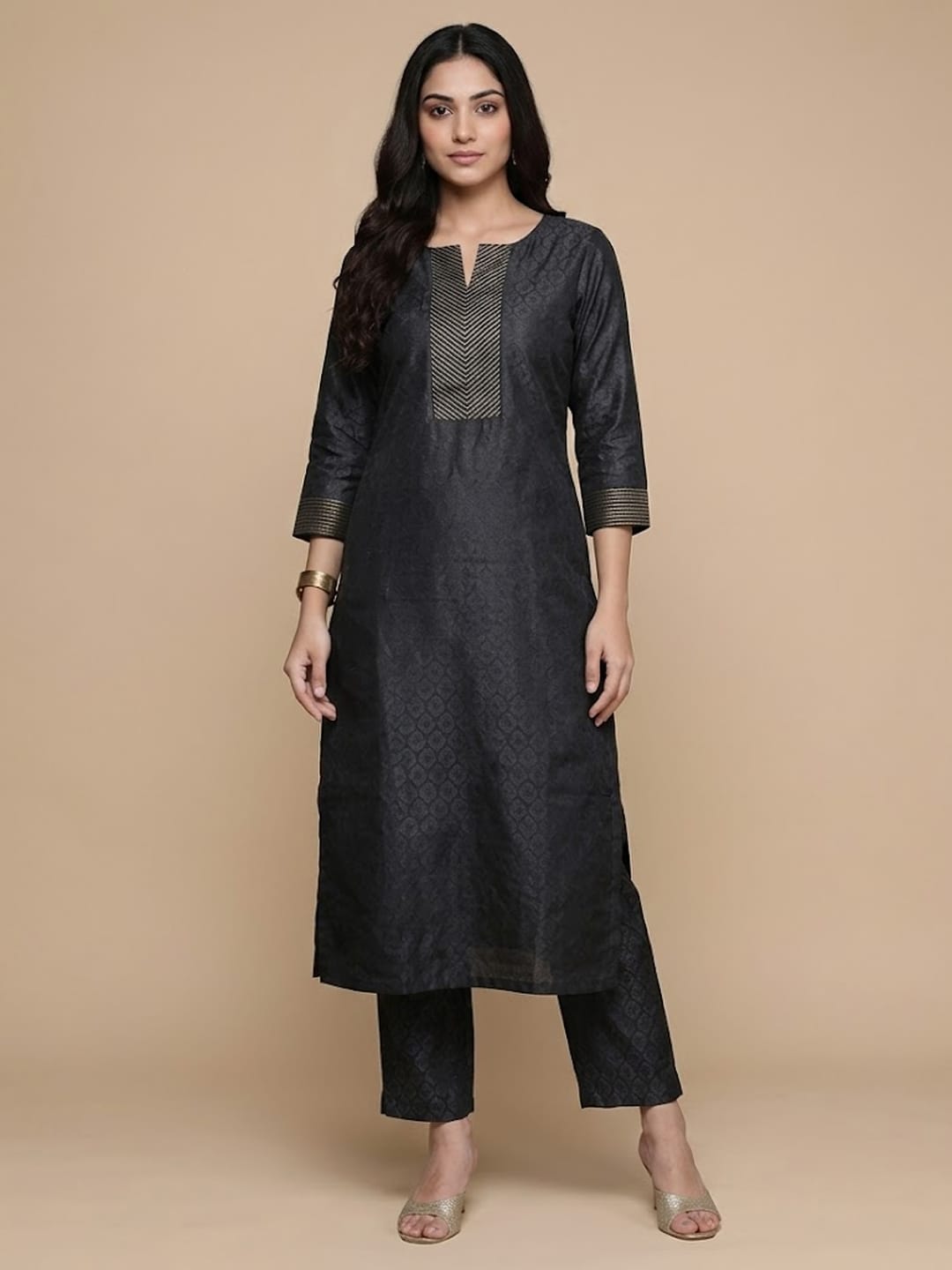 Varanga Women Navy Blue Woven Zari Embroidered Straight Kurta With Bottom And Dupatta