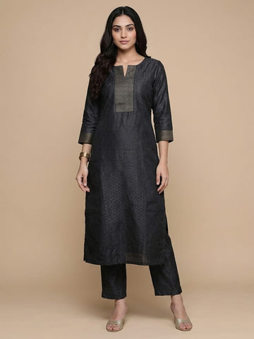 Varanga Women Navy Blue Woven Zari Embroidered Straight Kurta With Bottom And Dupatta
