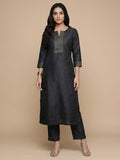 Varanga Women Navy Blue Woven Zari Embroidered Straight Kurta With Bottom And Dupatta