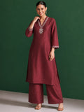 Womens Maroon Mirror-Work Silk Kurta Set
