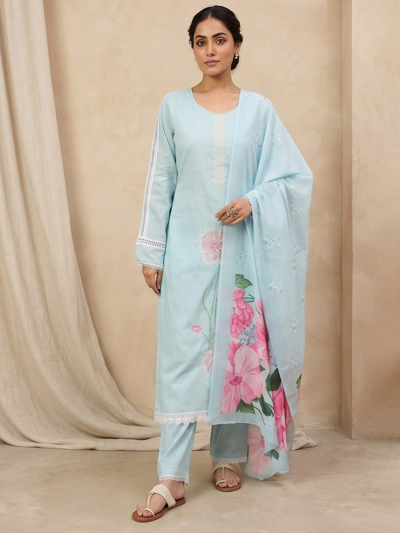 Varanga Women Sky Blue Straight-Fit Kurta With Printed Dupatta