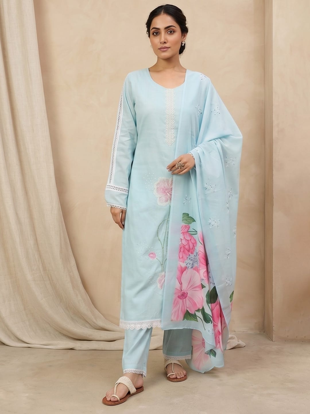 Varanga Women Sky Blue Straight-Fit Kurta With Printed Dupatta