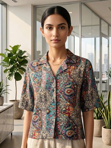 Multi Coloured Short Sleeves Shirt Collar Top