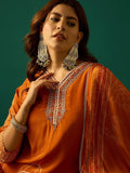 Rust Straight-Fit Calf-Length Kurta With Stone-Embellished Print Paired With Solid Ankle-Length Trousers And A Printed Dupatta
