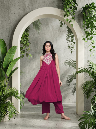 Varanga Women Fushcia Embroidered Sleeveless Flared Kurta Paired With Tonal Bottom