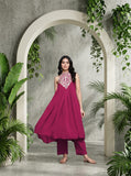 Varanga Women Fushcia Embroidered Sleeveless Flared Kurta Paired With Tonal Bottom
