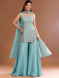 Sea Blue Embroidered Kurta Set Featuring Zari And Sequin Work With A Matching Flared Palazzo And Embellished Dupatta