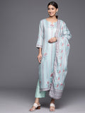 Varanga Women Blue Stripe Printed Straight Kurta Paired With Tonal Bottom And Dupatta