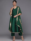 Varanga Women Green All Over Golden Buti, Sleeveless Straight Kurta Paired With Tonal Bottom And Dotted Dupatta With Four Sided Fringes