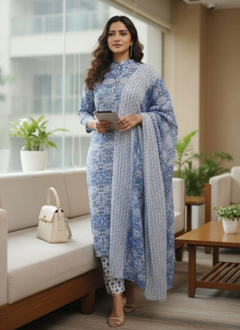 Varanga Women Ethnic Motifs Printed Regular Pure Cotton Kurta with Trousers & With Dupatta