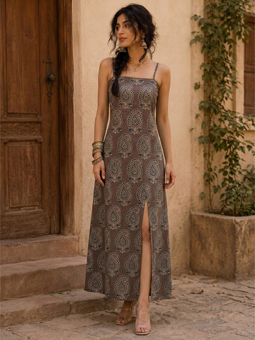 Varanga Brown Colored Women Summer Dress