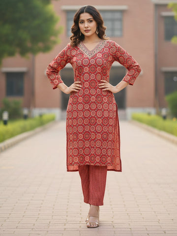 Rust & Orange printed suit set in pure cotton