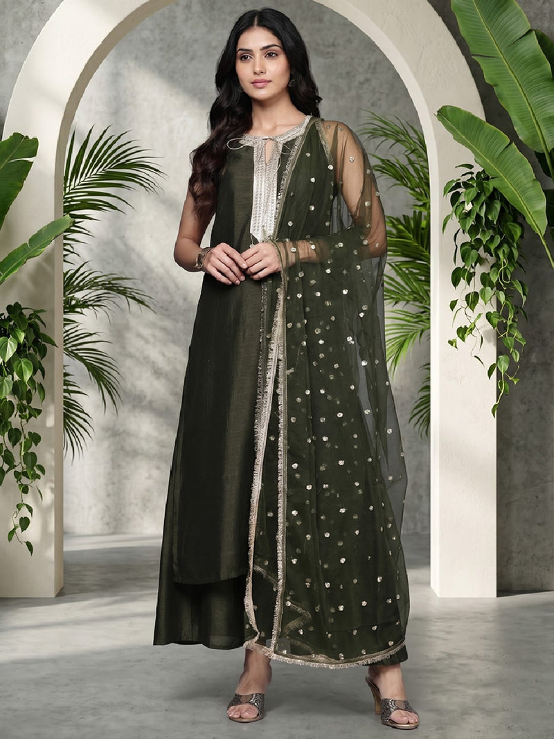 Varanga Women Olive Green Lace Embellished Sleeveless Straight Kurta Paired With Tonal Plazzo And Dupatta