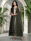 Varanga Women Olive Green Lace Embellished Sleeveless Straight Kurta Paired With Tonal Plazzo And Dupatta