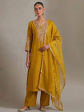 Mustard Straight-Fit Kurta With Embroidered Yoke, Paired With Solid Ankle-Length Trousers