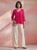 Women's Pink Bandhani Print Peplum Top With V-Neck And Gota Work Detailing