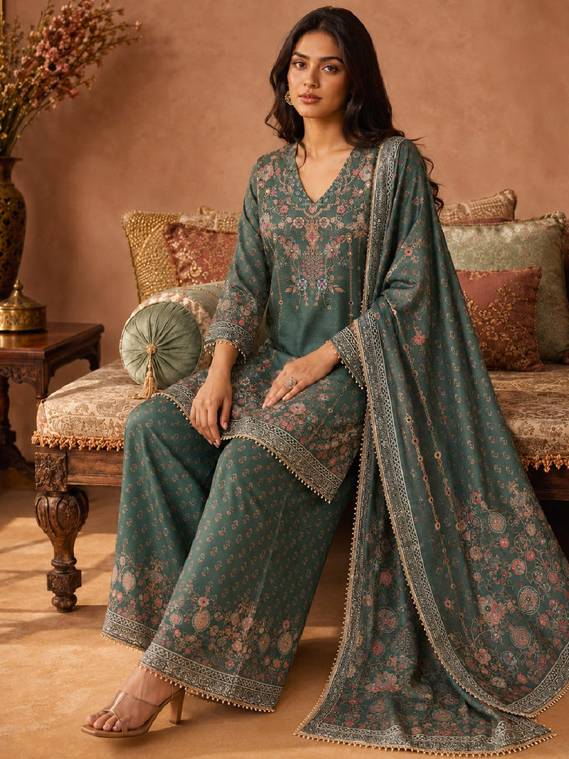 Ethnic Printed Kurta Set With Matching Palazzo And Dupatta