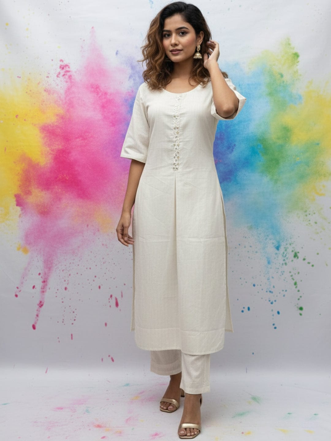 Off-White Half-Sleeve Buttoned Kurta