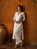 Women's Beige Kurta Set Embroidered V-Neckline And Side-Pocket