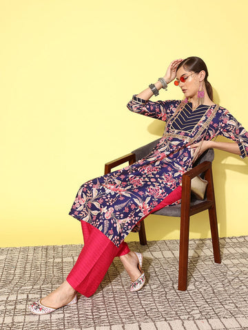 Varanga Women Navy Blue And Pink Floral Printed Gotta Patti Kurta