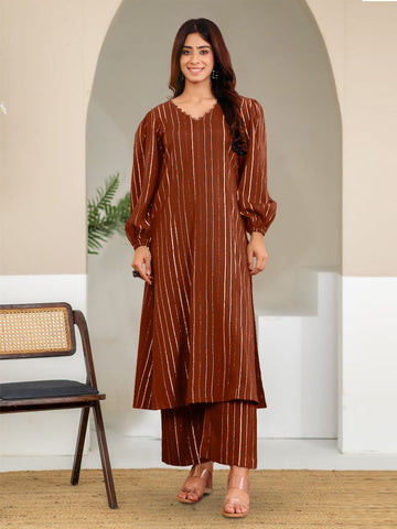 Varanga Women Brown Lurex A- Line Kurta With Trousers
