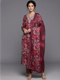Varanga Women Maroon Floral Printed Embroidered Kurta Paired With Bottom And Dupatta