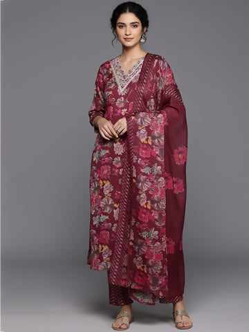 Varanga Women Maroon Floral Printed Embroidered Kurta Paired With Bottom And Dupatta