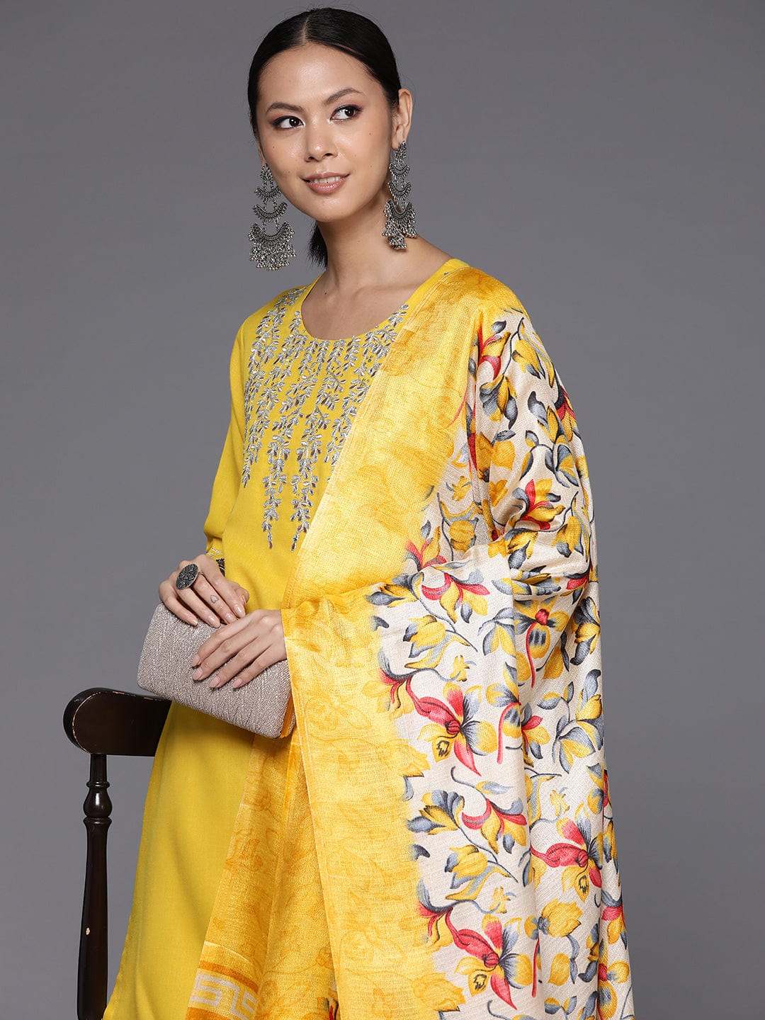 Varanga Women Yellow Gota Embroidered Straight Kurta With Tonal Bottom And Printed Dupatta