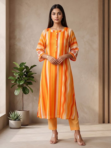 Women's Striped Cotton Aline Kurta Set with Fusion Look