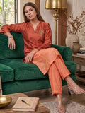 Varanga Women Mandarin Collar Placement Embroidered Kurta Paired With  Tonal Bottom
